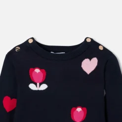Jacadi Dresses And Skirts|Girl jacquard dress with flowers and hearts Blue/Multicolour