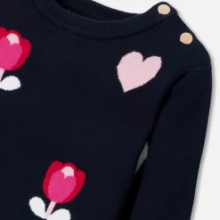 Jacadi Dresses And Skirts|Girl jacquard dress with flowers and hearts Blue/Multicolour