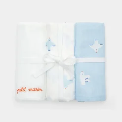 Jacadi Bibs And Swaddling Cloths|Set of 3 swaddling cloths White/Blue
